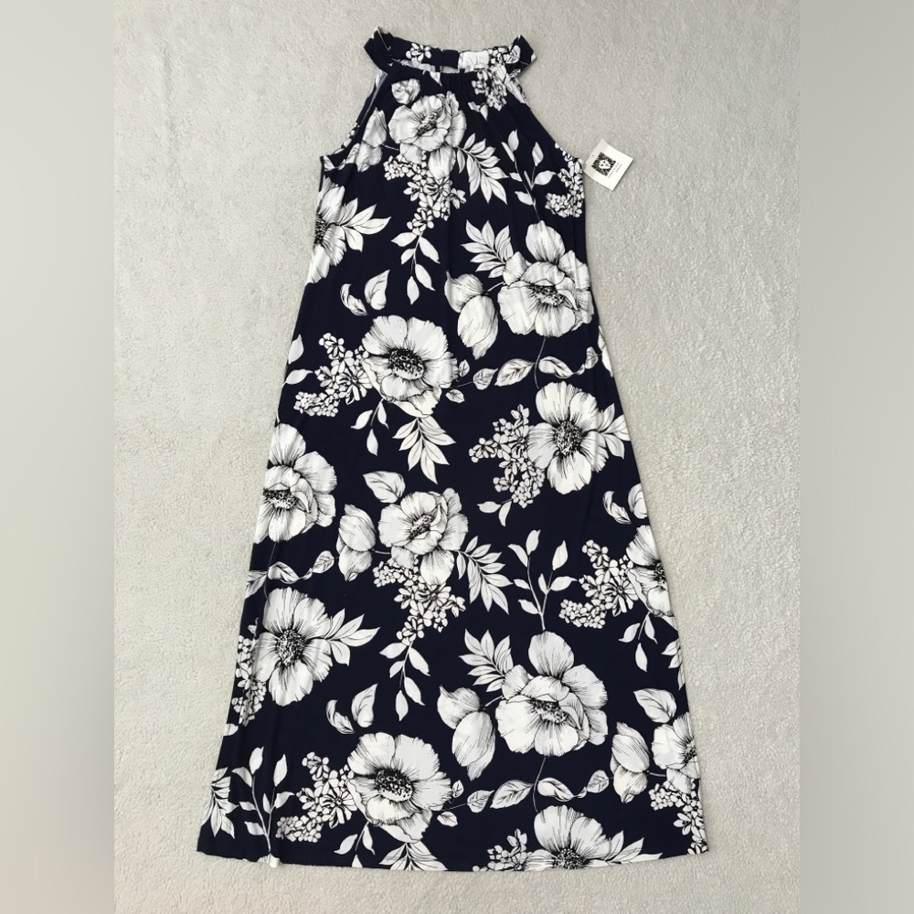 Anne Klein Floral Maxi Dress Navy Blue White Stretchy Size 10 - Picture 3 of 12
